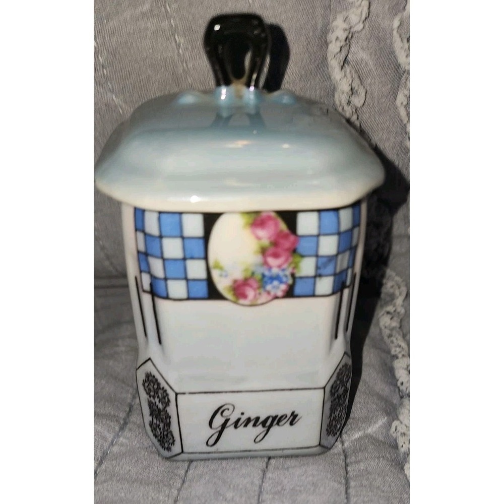 Vtg Victoria China Czechoslovakia Blue Lusterware Ginger Canister Art Deco Grann